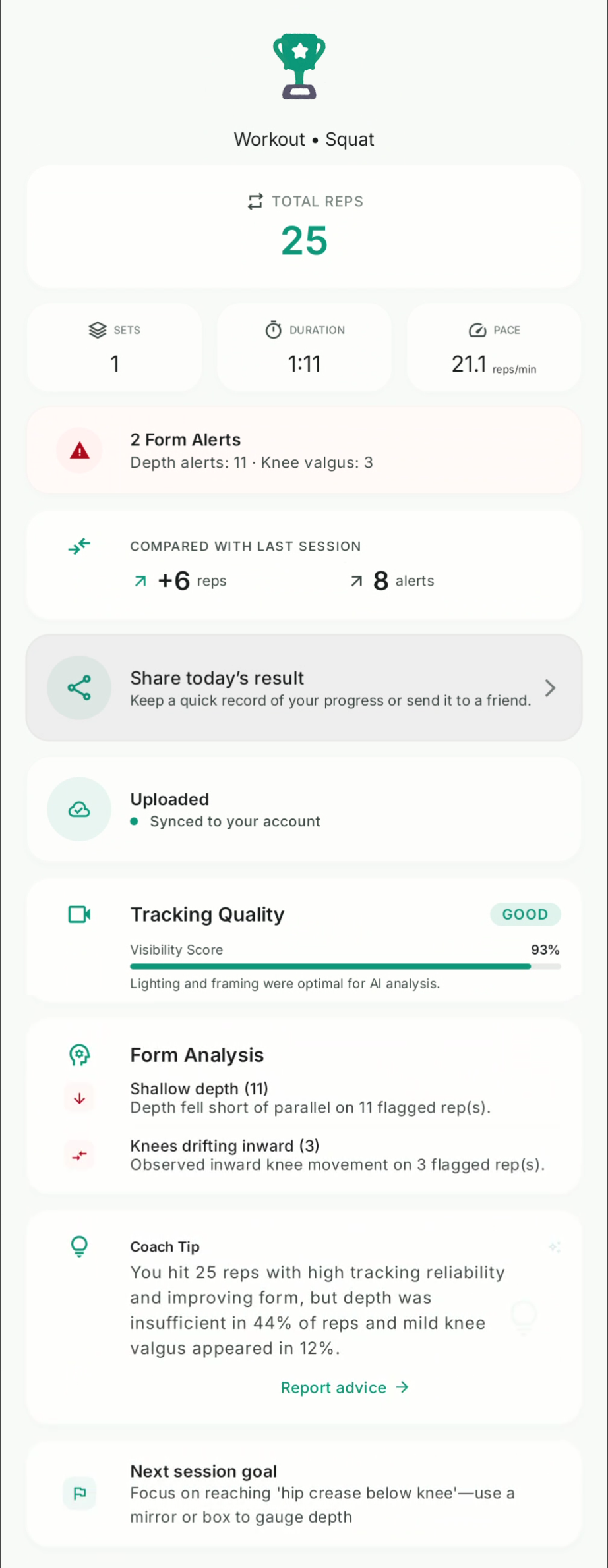 VexaFit Android app showing a real squat session summary with 25 total reps